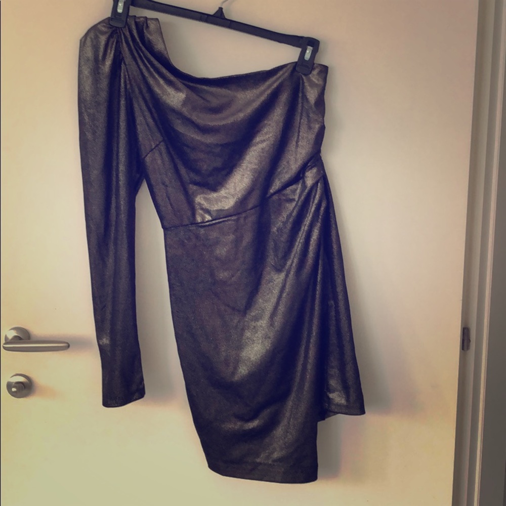 One shoulder black gold dress